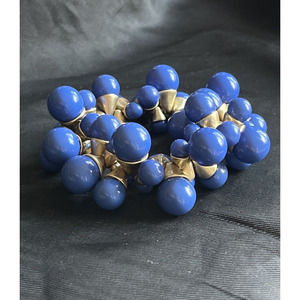 Mid Century Modern Cluster Stretch Bracelet Blue Lucite Beads Gold Tone 1" Wide